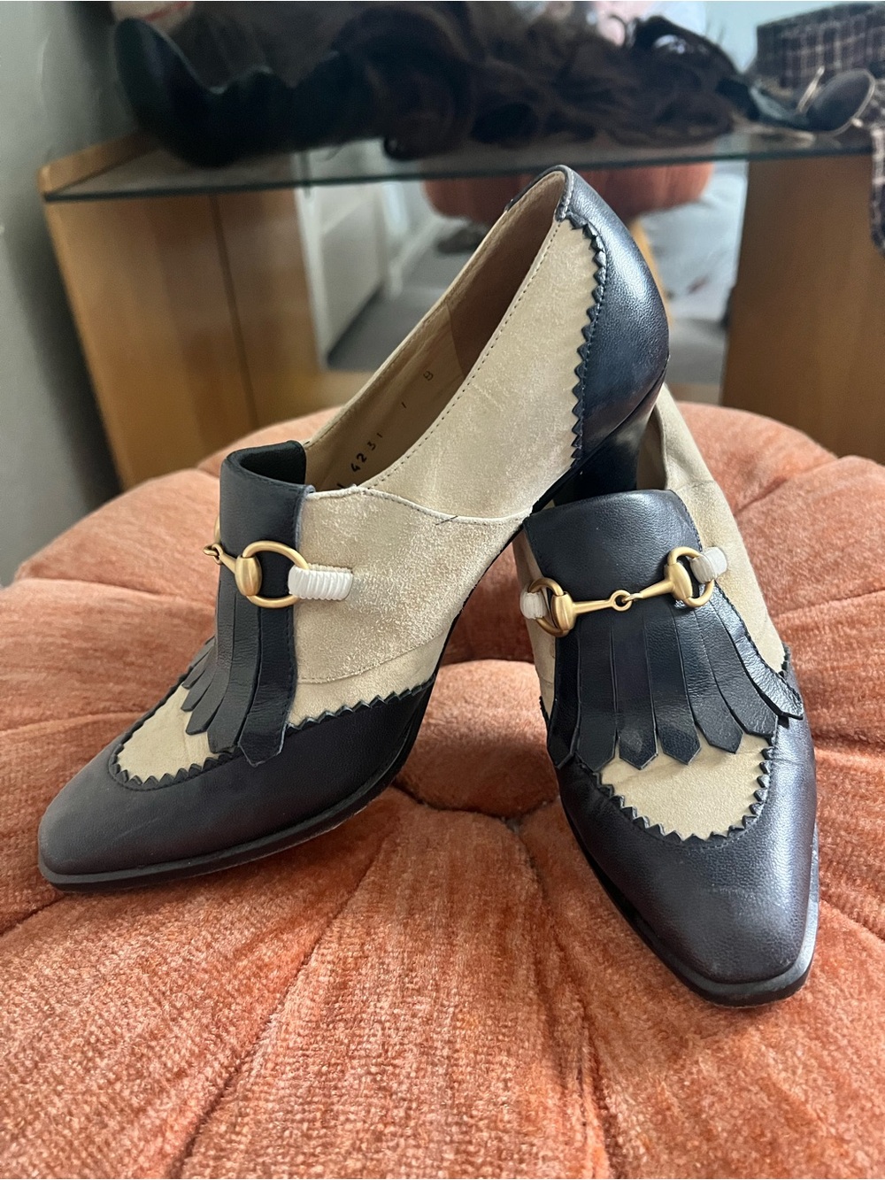 Vintage Gucci Black and Cream Fringe Horsebit Heeled Loafers